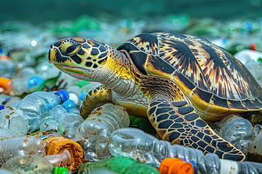 A sea turtle on plastic bottles highlights marine pollution issue photo