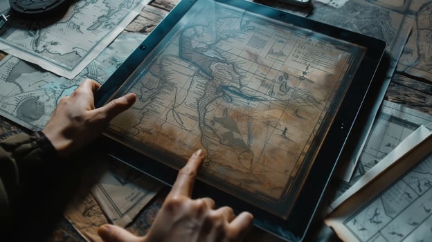 In a studio, an artist uses a graphic tablet for detailed map illustrations, showcasing craftsmanship and creativity photo
