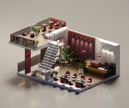 Isometric room minimal cafe store open inside interior architecture 3d rendering photo