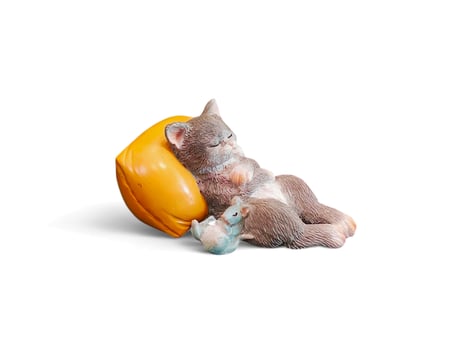 Miniature of gray cat and mouse sleeping isolated on white photo