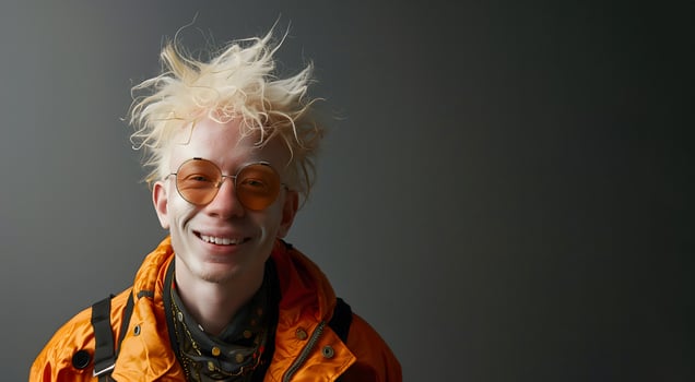 a young albino guy in glasses with blond red sloppy hair wearing orange glasses smiles against the background of a gray wall, space for text photo