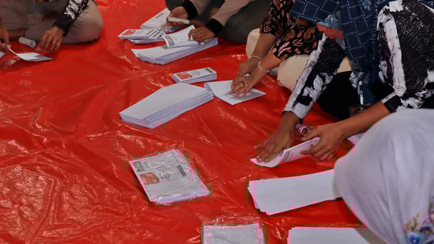 Freelance daily workers fold ballot papers for the 2024 Election photo