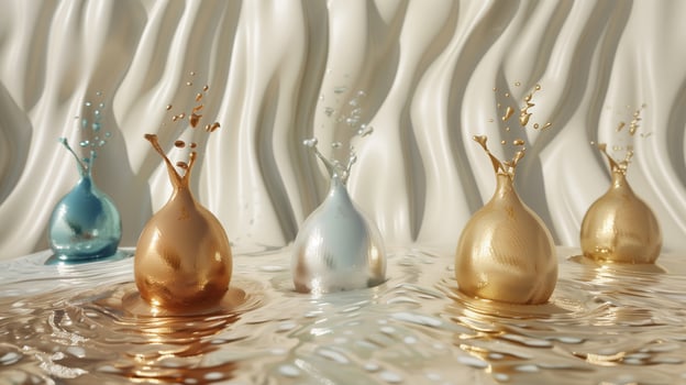 Metallic droplets splashes on reflective liquid texture background image. Artfully arranged photo backdrop wallpaper realistic. Playful and dynamic composition concept photorealistic