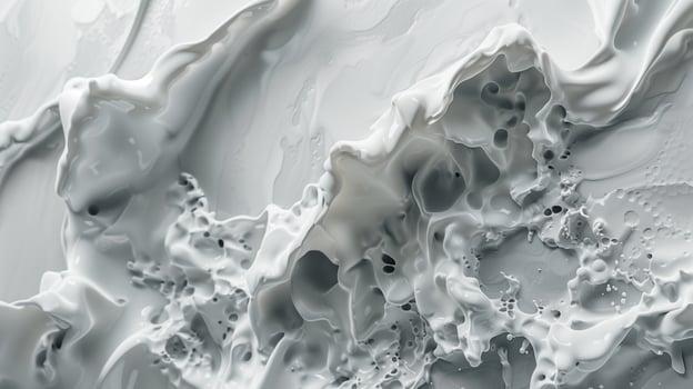 Viscous fluid white substance with splashes texture background image. Monochromatic tones abstract photo backdrop wallpaper realistic. Calm and elegance concept photorealistic