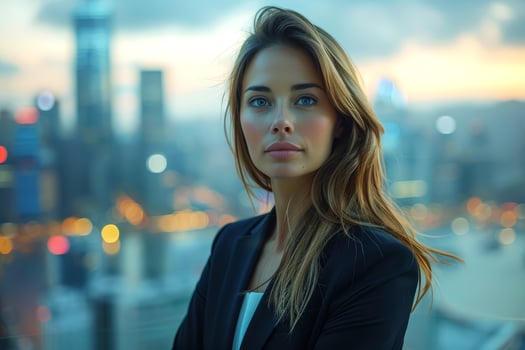 Portrait of a beautiful business woman in the city at sunset. photo