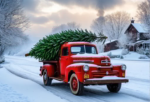 Vintage red pickup truck carrying Christmas tree in snowy landscape photo