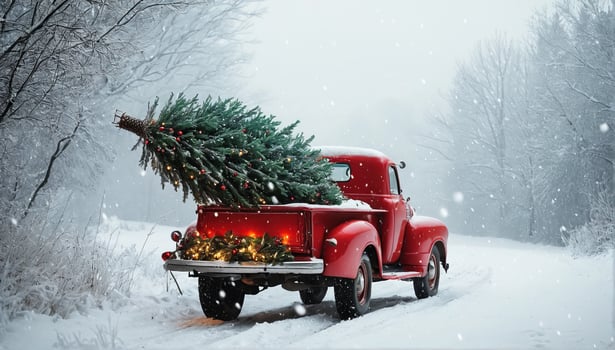 Vintage red pickup truck carrying Christmas tree in snowy landscape photo