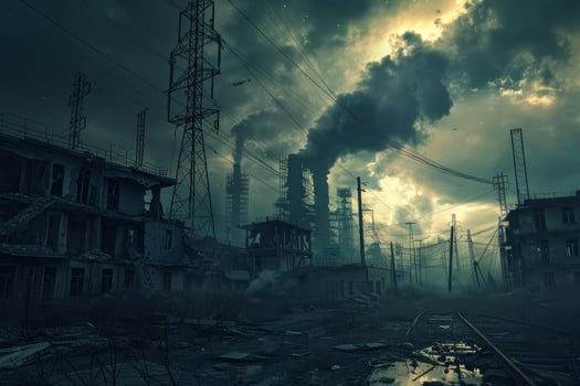 Dystopian cityscape with pollution and decay photo