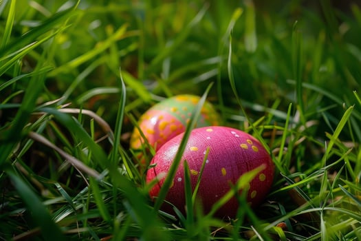 Colorful easter eggs hidden in grass photo