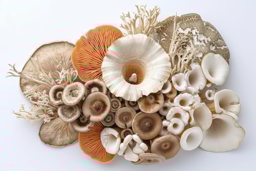 Assorted edible mushrooms on white background photo