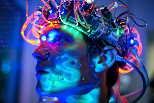 Futuristic cyborg portrait with neon lights photo