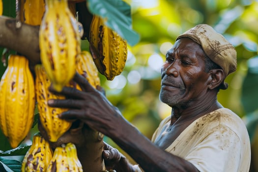 Mature farmer inspecting cocoa pods on tree photo