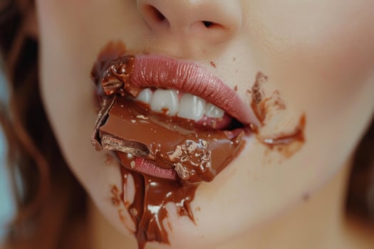 Woman eating chocolate bar with melted chocolate around her mouth photo
