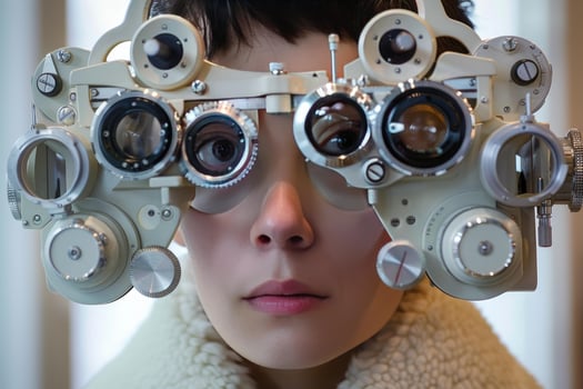 Woman at optometrist wearing phoropter for eye test photo
