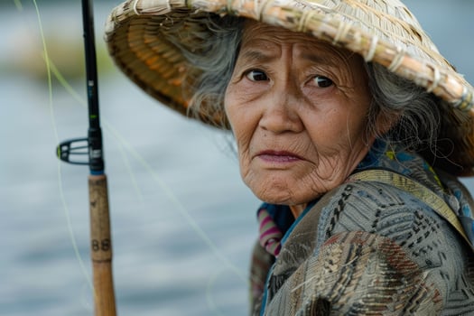 Elderly fisherwoman with a traditional hat by the water photo