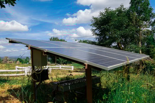 Solar panels and blue sky. Solar panels system power generators from sun. photo