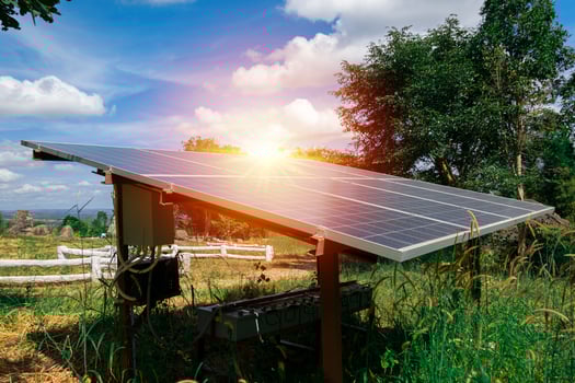 Solar panels and blue sky. Solar panels system power generators from sun. photo