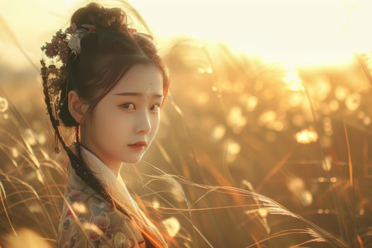 Ethereal beauty in traditional attire at sunset photo