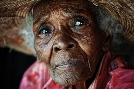 Wise gaze, elderly woman with a straw hat photo
