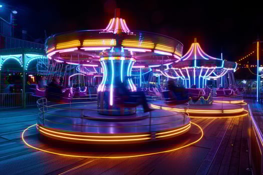 Neon lights of carousel in motion at night photo