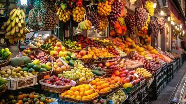 Colorful fruits displayed in a vibrant market setting photo