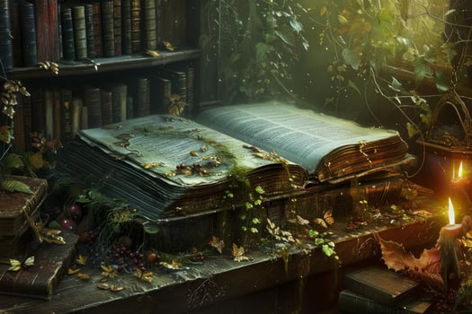 Enchanted forest study with vintage books and candlelight photo