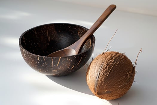 Coconut bowl with spoon on white surface photo