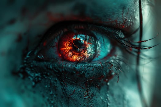 Macro shot of an eye with dramatic red and blue hues, conveying a sense of intensity or horror photo