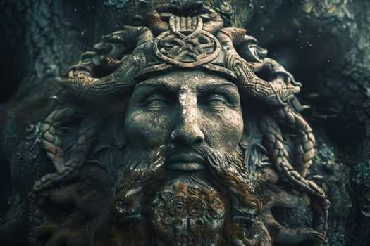 Ancient celtic warrior statue in mystic forest photo