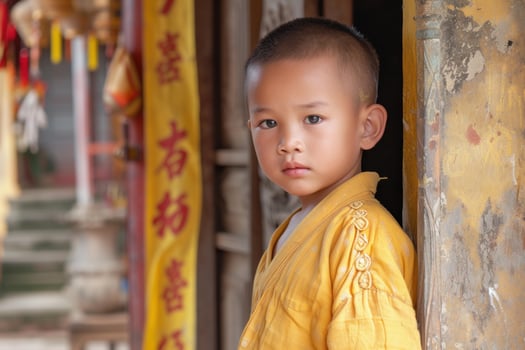 Young monk in traditional attire at temple entrance photo