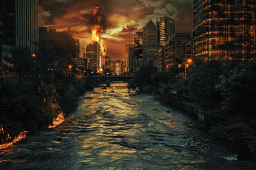 Apocalyptic cityscape with fiery skyline and river photo