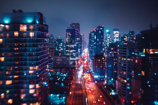 Vibrant nighttime cityscape with illuminated streets photo