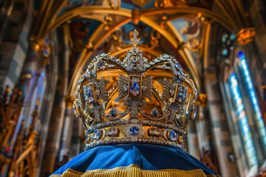 Regal crown on display in ornate cathedral photo