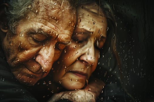 Senior couple's reflection on rainy window photo