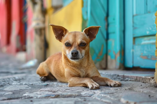 Relaxed dog lounging on a cobblestone street photo