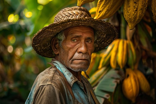 Elderly farmer with cocoa pods photo