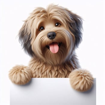 Cute realistic dog holding up a white sign on which text can be inserted, all isolated on a white background photo
