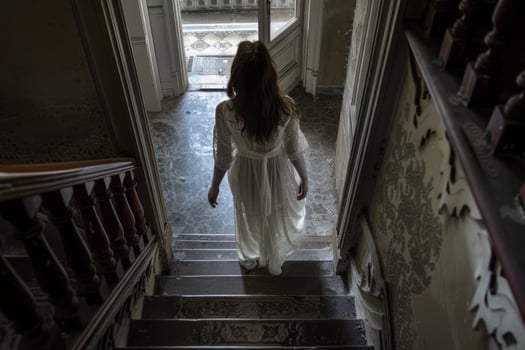 Mysterious woman descending vintage staircase photo