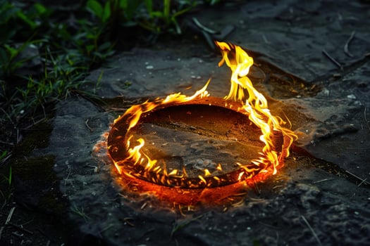 Circle of fire on the ground at dusk photo