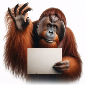 An orangutan in a job specific clothing Holding up an empty sign isolated on a clear white background photo