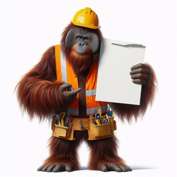 An orangutan in a job specific clothing Holding up an empty sign isolated on a clear white background photo