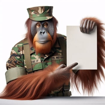 An orangutan in a job specific clothing Holding up an empty sign isolated on a clear white background photo
