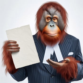 An orangutan in a job specific clothing Holding up an empty sign isolated on a clear white background photo