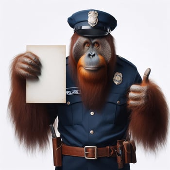 An orangutan in a job specific clothing Holding up an empty sign isolated on a clear white background photo