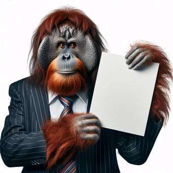 An orangutan in a job specific clothing Holding up an empty sign isolated on a clear white background photo