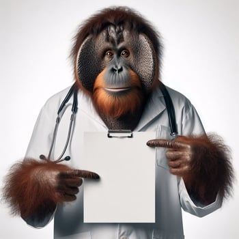 An orangutan in a job specific clothing Holding up an empty sign isolated on a clear white background photo