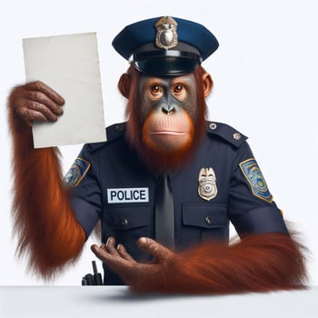 An orangutan in a job specific clothing Holding up an empty sign isolated on a clear white background photo