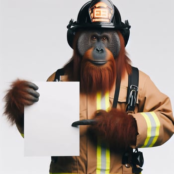 An orangutan in a job specific clothing Holding up an empty sign isolated on a clear white background photo