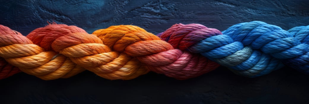 Vibrant braided rope with red, yellow, and blue strands on dark background, showcasing artistic colorful design photo