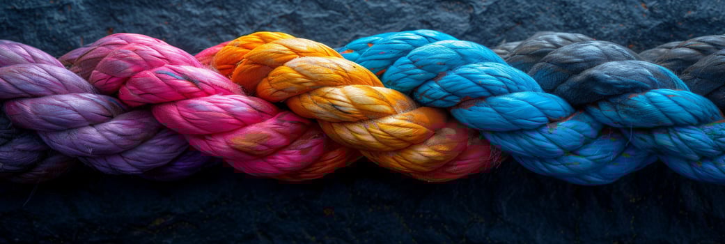 Vibrant braided rope with red, yellow, and blue strands on dark background, showcasing artistic colorful design photo